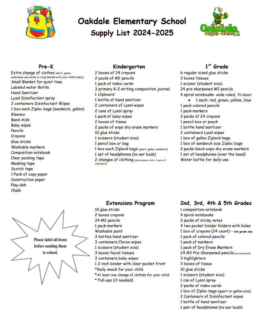  2024-2025 School Supply List